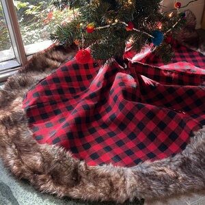 Christmas Tree Skirt Faux Fur Trim Red Black Buffalo Check Plaid Reversible